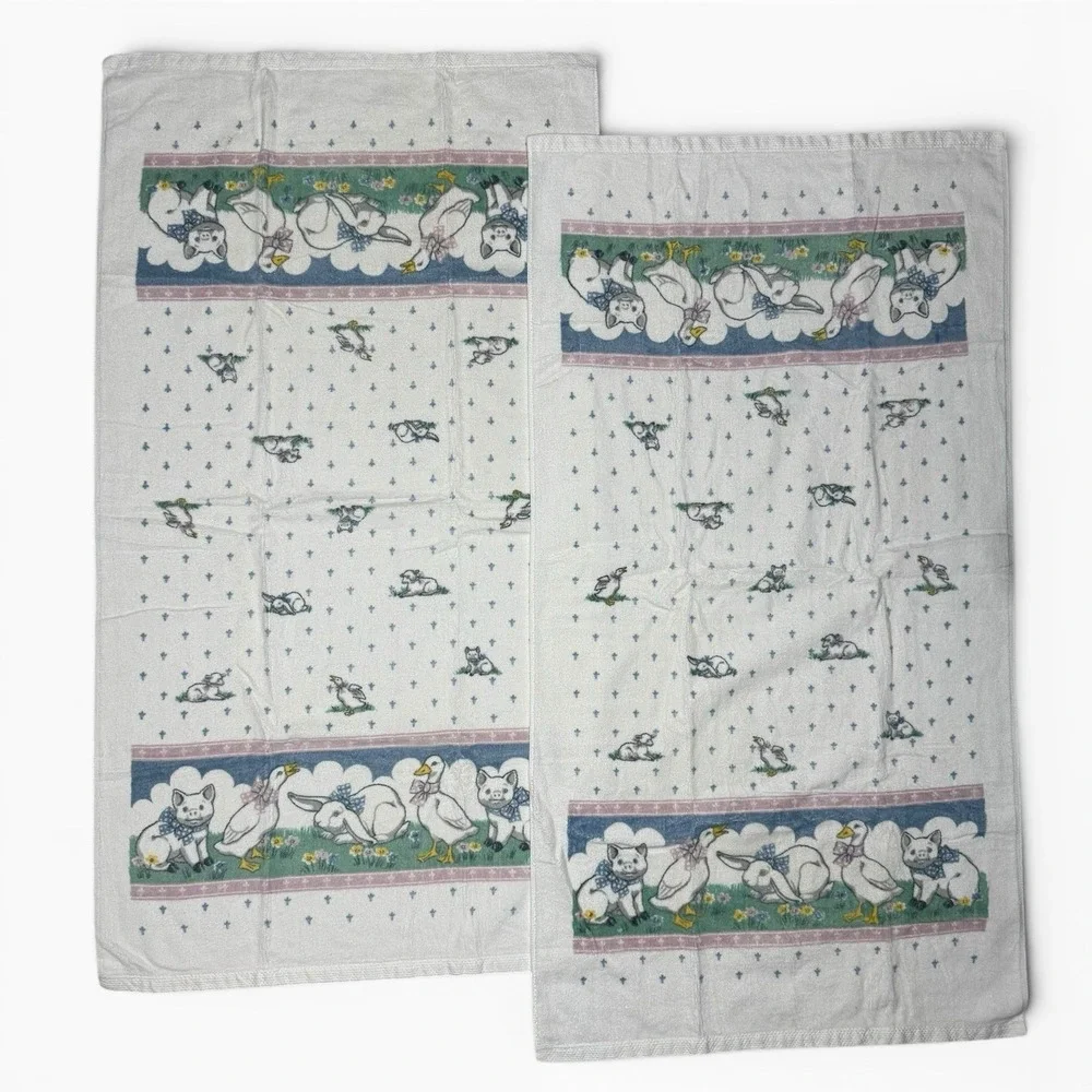 Vintage Pair Fieldcrest Howard Kaplans French Country Farm Animal Bath Towel Set